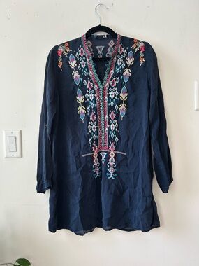 Johnny Was Boho Embroidered Navy Tunic Top